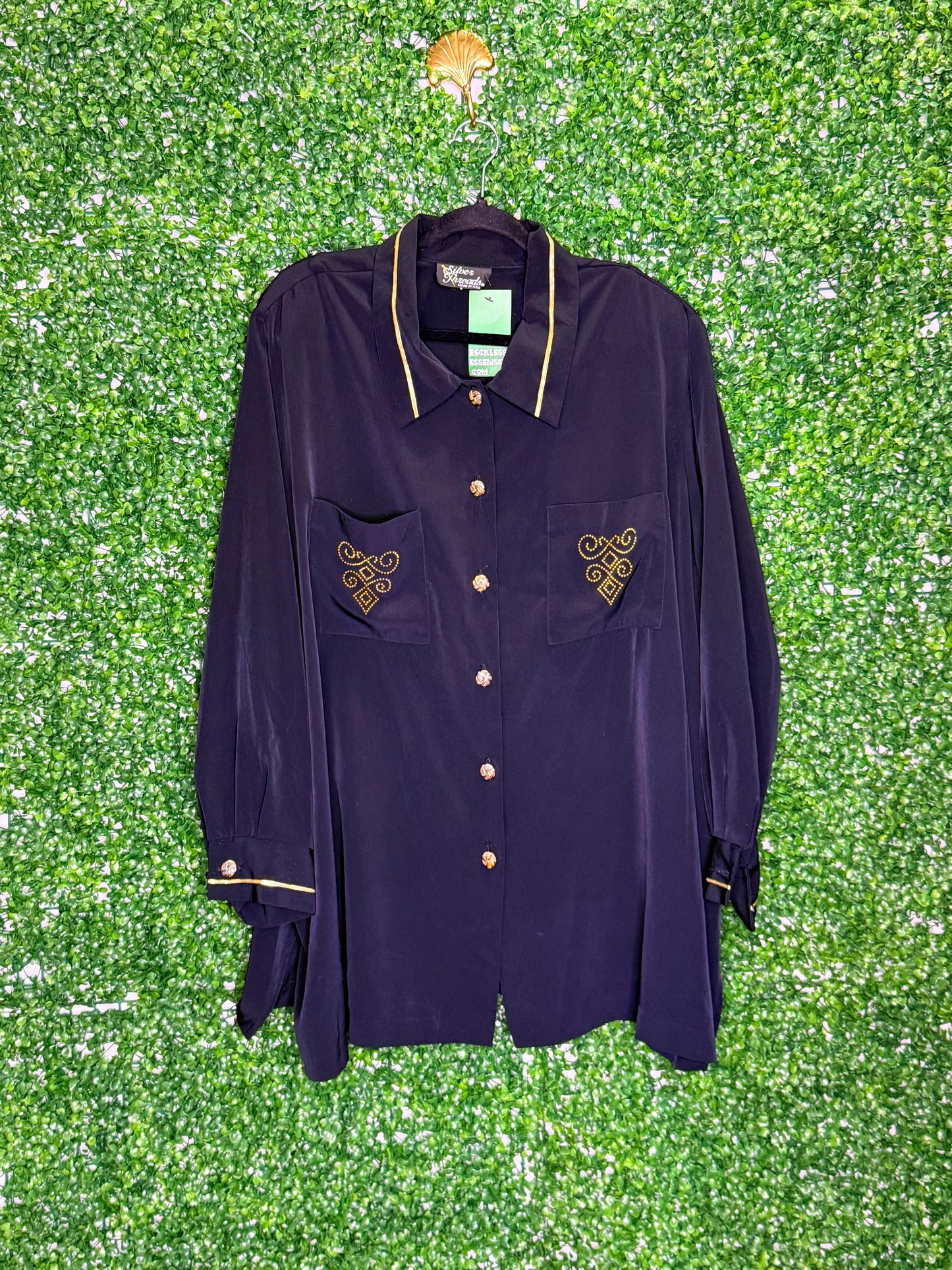 Silver Threads Vintage Silk Like Gold Trimmed button up