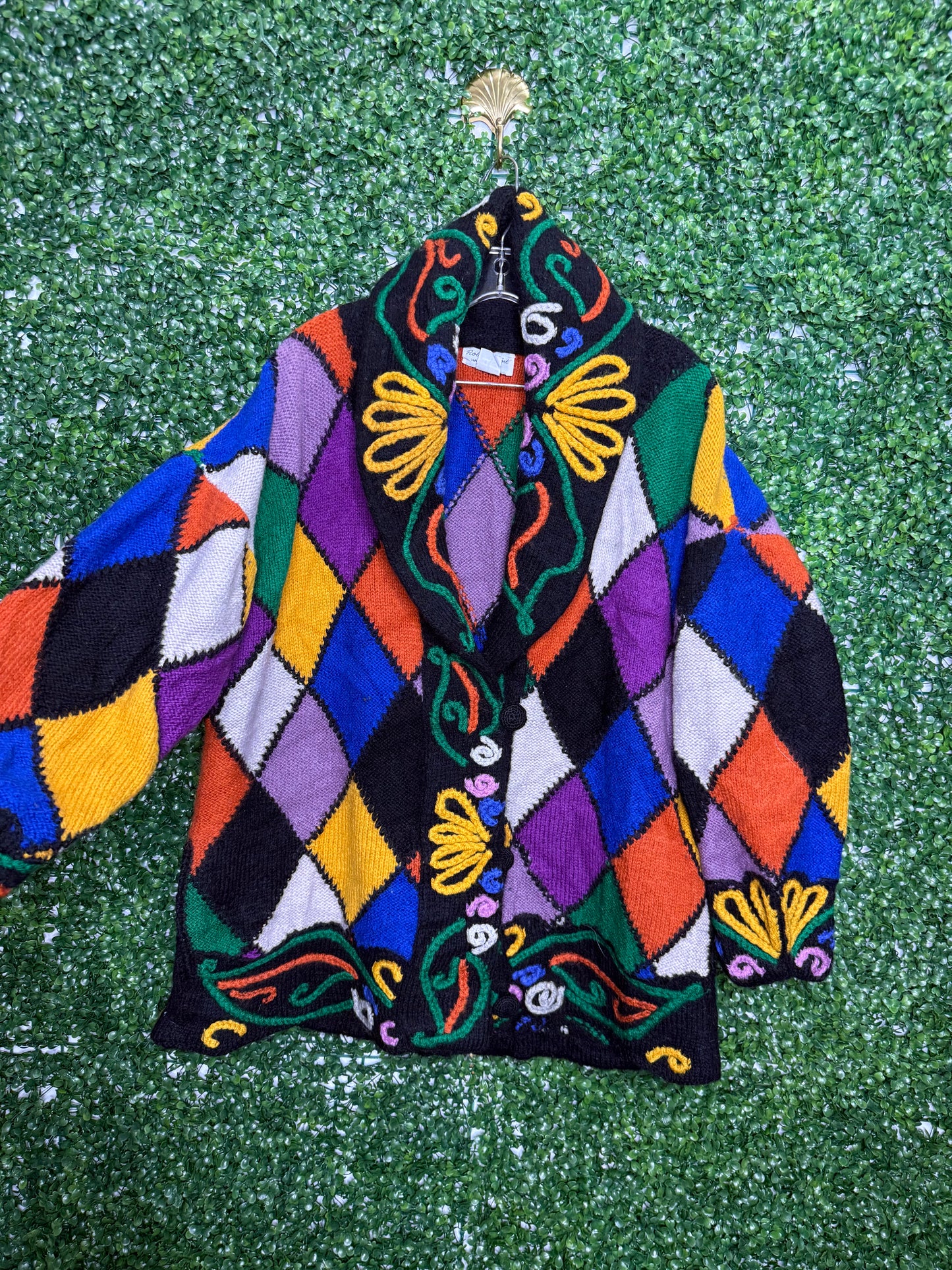 Roberta Frost Hand Knitted Vintage Wool Colorful Cardigan Sweater