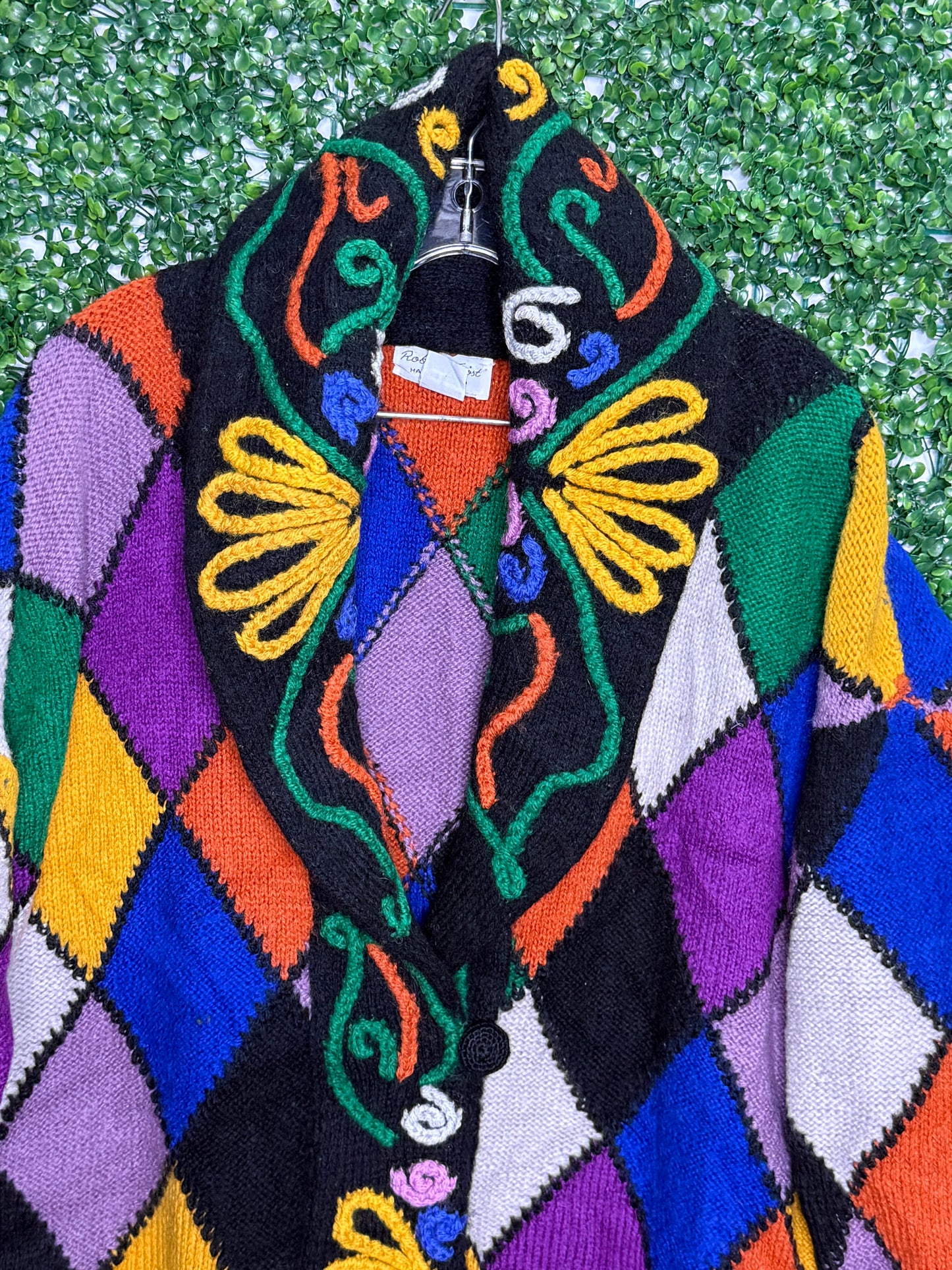 Roberta Frost Hand Knitted Vintage Wool Colorful Cardigan Sweater