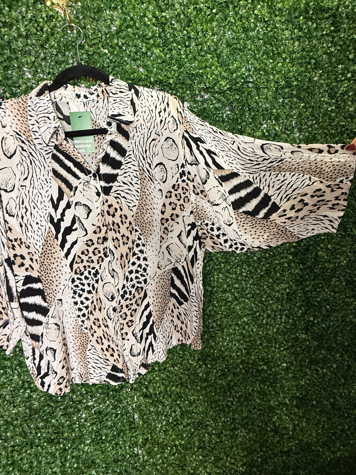 Multi Animal Print Dolman Sleeve Button Up